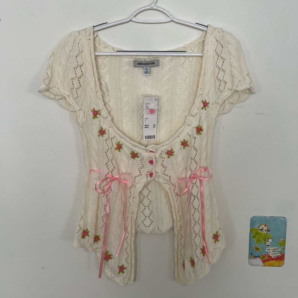 UO Cream Knit Cardigan with Floral Embroidery and Bows